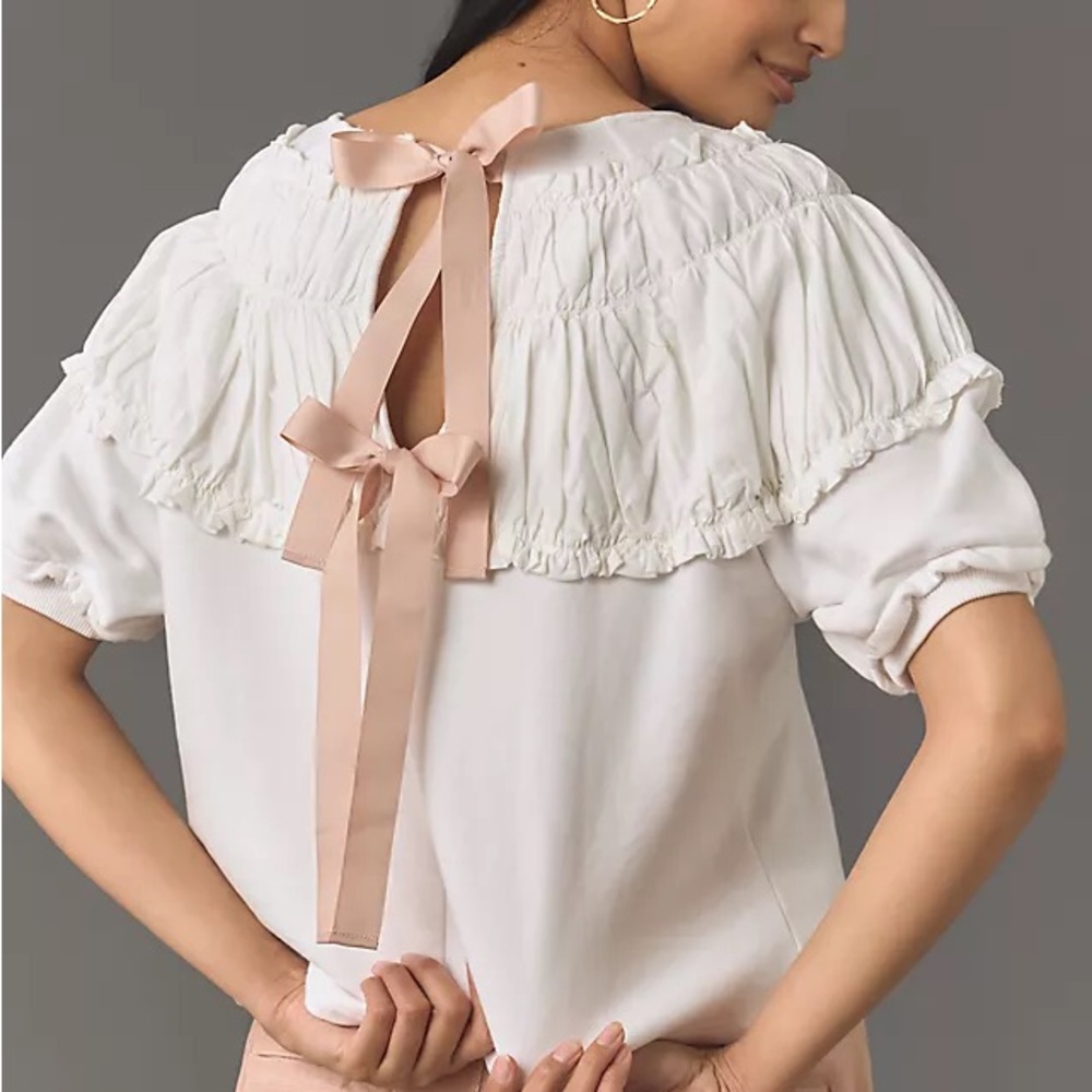 ANTHROPOLOGIE White Ruffle with Pink Bow Back Short Sleeve Sweater